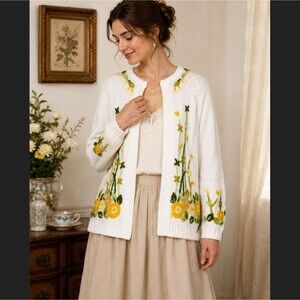 Handmade Embroidered Floral Cardigan Sweater S M Cottagecore Boho White Granny